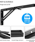 Super Heavy Duty 24 Inch Folding Shelf Brackets Black Sleek L Braces With 330 Pound Load Rating Set of 2 showing hinge design.