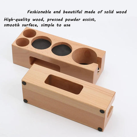 Top Shelf Wood Espresso Tamper Stand Fits 51Mm And 54Mm Tamps, solid wood organizer with openings for tampers.