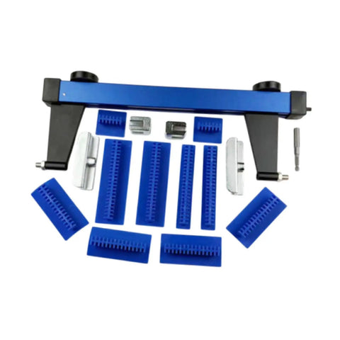 Pro Grade Paintless Dent Repair Puller Kit With 15 Accessories for Cars and Metal Panels, including tools and blue attachments.