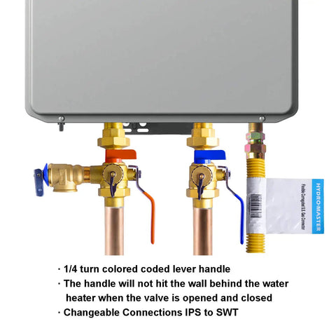 Tankless Water Heater Service Valve Kit With Pressure Relief Valve Included, Two SWT Connections, color coded handles