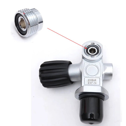Din to Yoke Tank Valve Adapter for Scuba Cylinders, Pro Grade Stainless Steel Regulator Converter shown with close-up detail