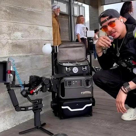 Go To Travel Camera Backpack With 96Wh Portable Power Station showcased with camera mount and accessories outdoors.