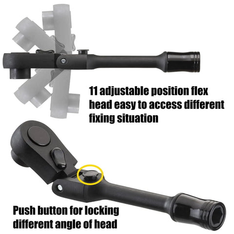 2-In-1 1/4 Inch Drive Quick Release Ratchet Set with flex locking head and push button feature, side view of tool in use