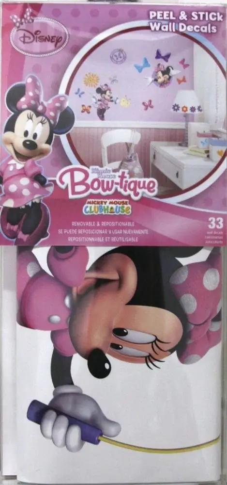 Disney Minnie Bow-Tique Peel And Stick Wall Decals For Kids Room packaging showing decals and Minnie design.