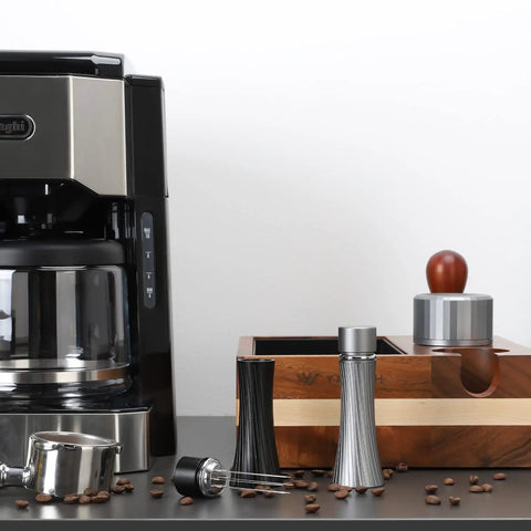 Espresso Distribution Tool With Six Plus Six Needle Set 0.4mm Espresso Stirrer Aluminum Handle and Stand on counter.