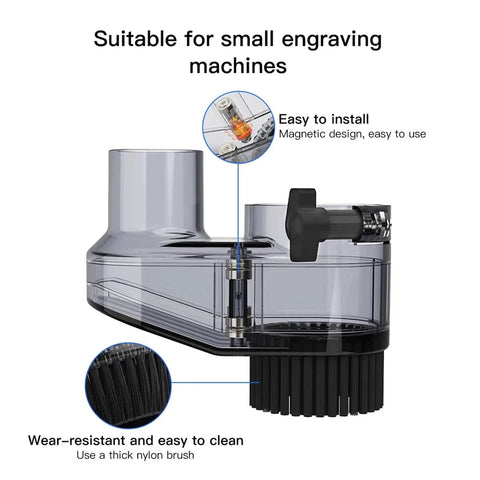 Badass 52Mm Cnc Dust Shoe Paired With A 38Mm Vacuum Hose and Heavy Duty Magnetic Mount Adjustable Height detailed side view with brush.