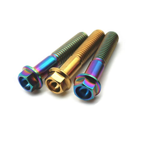 Grade Five Titanium Bolts Flange Head Screws For Mountain Bikes Hella Tough Cycling Hardware multi-color set of 6mm and 8mm bolts.