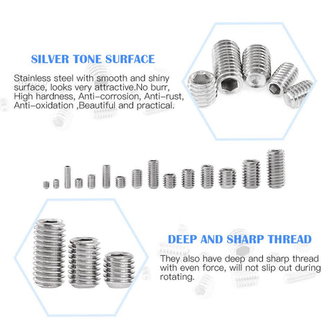 420 Piece M3 M4 M5 M6 M8 Allen Head Socket Set Screws Stainless Steel Internal Hex Drive Grub Screw Assortment Kit For Hardware Projects Heavy Duty DIY Machinery Furniture Electronics Rust Resistant 304 Grade displayed in size order on white background