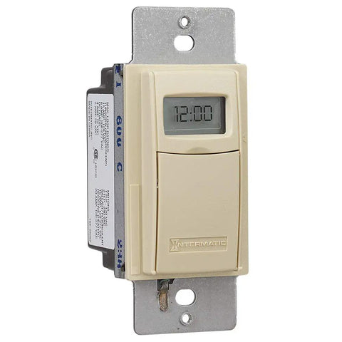 Front view of 7 Day Astronomic Time Switch EI600C for single pole and 3 way, ivory color, no neutral wire, digital display showing 12:00