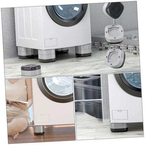 4 Pack Silicone Washing Machine Feet Pads, Anti Slip Leg Pads under washer showing height adjustment and drainage holes