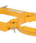 Bright yellow Beefy Steel Adjustable Single Drum Gripper for forklifts, designed for steel or plastic drums, quick release, 1500 lb capacity.