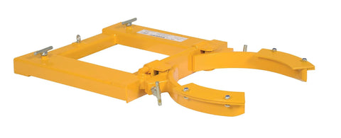 Bright yellow Beefy Steel Adjustable Single Drum Gripper for forklifts, designed for steel or plastic drums, quick release, 1500 lb capacity.