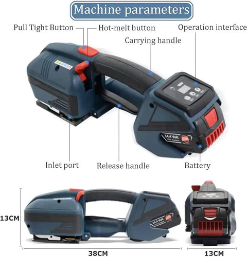 Kickstart Your Packaging Hustle With This Badass 4000mah Battery Powered Strapping Tool showing buttons, battery, and handles.