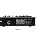 Back view of 6 Channel Professional DJ Audio Mixer With DSP Effects and 16 Preset Effects, showing size and input ports.