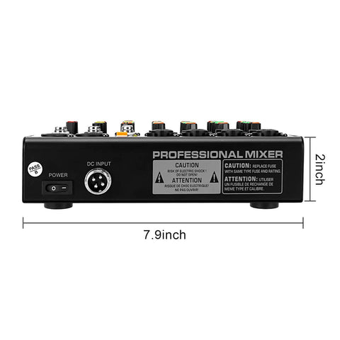 Back view of 6 Channel Professional DJ Audio Mixer With DSP Effects and 16 Preset Effects, showing size and input ports.