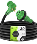 30 Amp 30 Feet RV Lockable Power Extension Cord With TT 30P Plug For Generator Use, Built Tough Outdoor RV Cable, Weatherproof Camping Trailer Extension, Long Reach For Safe Distance And Noise Reduction. coiled black 30 ft 10 AWG RV extension cord with green TT-30P plug and L5-30R connector