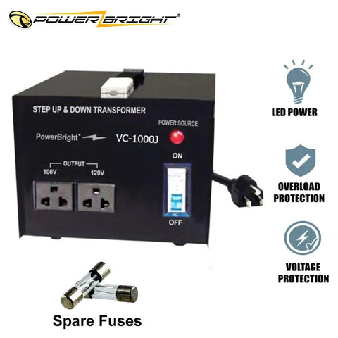 Beefy 500 Watt Step Up Down Voltage Transformer For Japan Converter Lets You Run 120V And 100V Devices Anywhere, Easy Dual Voltage Power For Small Appliances, High Quality Japanese Transformer, front view with fuses shown