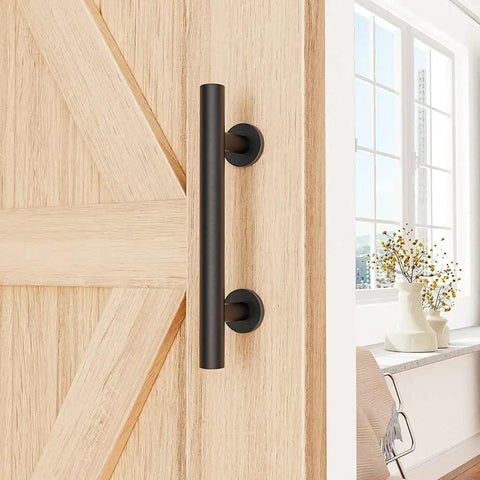 Sliding Barn Door Handle Hardware Two Sided Design In Black Carbon Steel With Brushed Stainless Steel 304 Build on wooden door