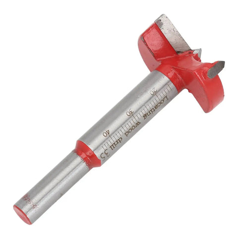 Red drill bit from 35mm Hinge Boring Jig Kit With Hole Locator, Red Drill Bit And Wrench For Furniture Cabinets, Durable ABS Plastic And Hardened Steel Construction For Precise, Easy Install And Long Lasting Performance.