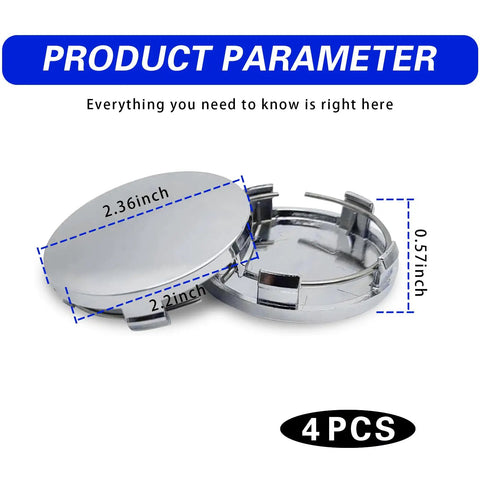 4 Pack Heavy Duty Abs Wheel Center Hub Caps Snap On Rim Covers Universal Fit measurements showing 2.36 inch OD and tight seal design.