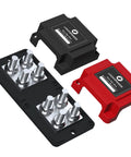 Heavy Duty 400A 12V 48V DC Copper Busbar Power Distribution Block With Eight M10 Studs And Protective Cover shown in black and red.