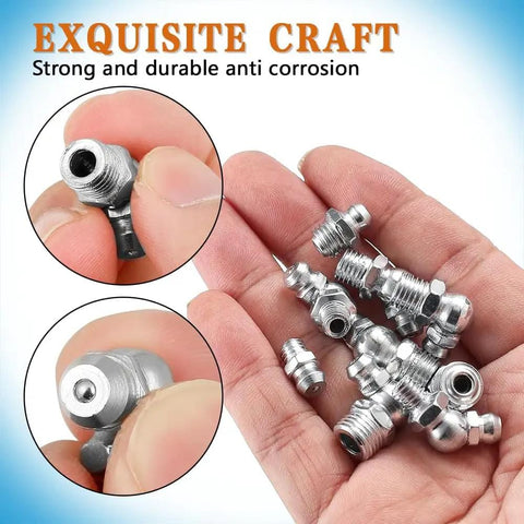 Close-up of Pro Grade Heavy Duty Grease Fittings Kit With Straight And Angled Zerk Adapters, held in hand, galvanized steel