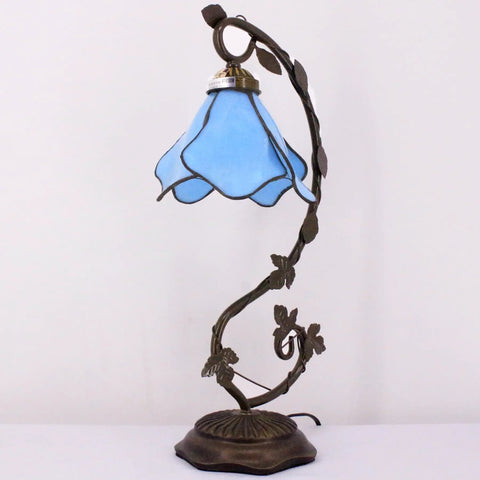 Blue Tiffany Style Stained Glass Table Lamp With Metal Leaf Base, Desk Reading Light For Small Spaces, 21 Inch Tall, 8 Inch Wide Shade