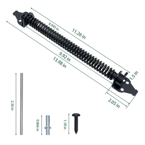 Heavy Duty Gate Hardware Kit With 8 Inch T Strap Hinges And Gravity Gate Latch Plus Self Closing Spring including spring measurements.