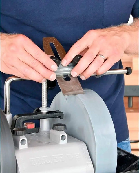 Square Edge Jig For Sharpening Wood Chisels And Plane Irons On T 3 T 7 T 8 Sharpeners Ultra Precise 90 Degree Alignment New Adjustable Jig With Slight Convex Setting For A Pro Grade Edge In Your Workshop being used on sharpening machine