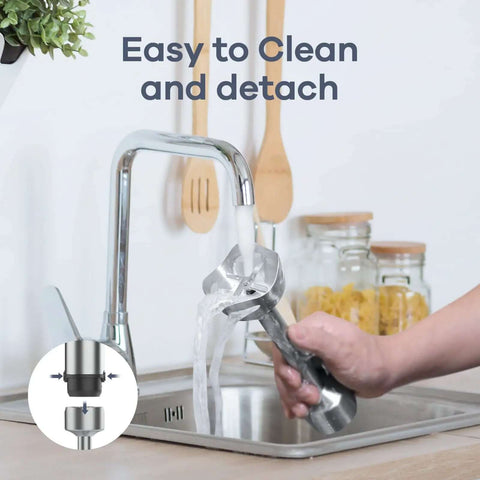 Cleaning the Powerful 1000W 5 In 1 Immersion Blender under a kitchen tap, showcasing detachability and stainless steel blades.
