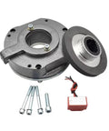 Electromagnetic motor holding brake unit with mounting flange, rotor hub, bolts, and red control module.