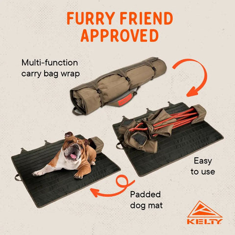 Lowdown Chair With Durable Bungee Cord Build In Beluga Color For Outdoor Concerts Sidelines And Lounging At Home One Foot Off The Ground Slight Recline Pet And Kid Friendly Built To Last shown in carry bag and as padded dog mat