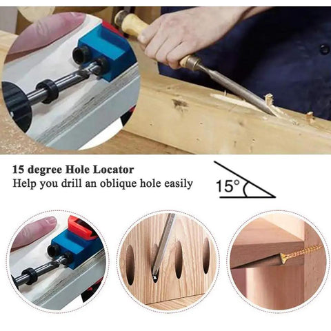 Pocket Hole Jig Set For Woodworking, 14-Piece Multi Tool Kit With 15-Degree Angled Guides and inclined hole drilling demonstration