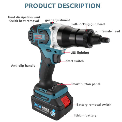 Heavy Duty 2 In 1 Cordless Rivet Nut Gun Set With Portable Pop Rivet Tool For M3 To M12 Sizes showing features and ergonomic design.