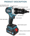 Heavy Duty Cordless Rivet Nut Gun Set With Rechargeable Battery And M3 To M12 Mandrels angled view showing features like LED lighting and gear adjustment.