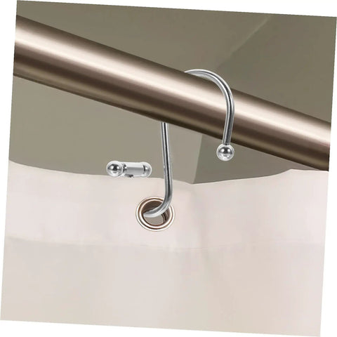 12 Piece Rust Resistant Shower Curtain Hooks Curved Rings For Bathroom And Window Curtains Silver Finish, shown on rod