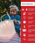 Child holding an inflated solar camping lantern with phone charger, featuring top product features for outdoor adventures.