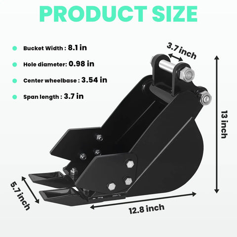 Mini Excavator Attachment With Two Pins, High Manganese Steel Tooth Bucket For Under Two Ton Machines, size dimensions included