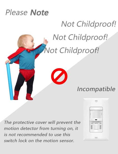 Image showing a note that the Magnetic Switch Guards are "Not Childproof," with a baby pointing at a modern switch plate.