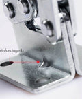 Close-up of a stainless steel push pull toggle clamp with reinforcing rib, ideal for woodworking jigs and fixtures.
