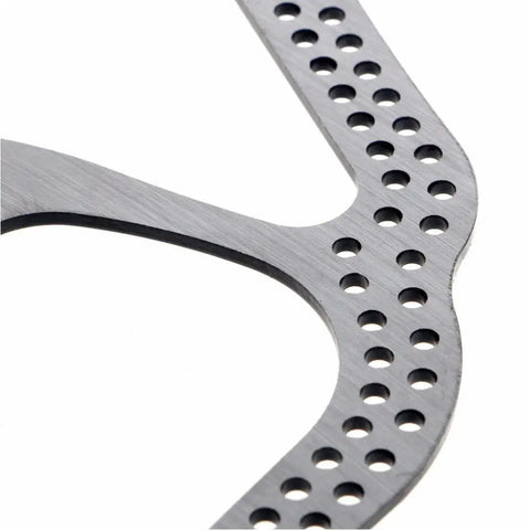 Close-up of 160mm 6 Bolt Stainless Disc Brake Rotor for Road, Mountain, MTB, BMX Bikes showing drilled pattern and edge detail