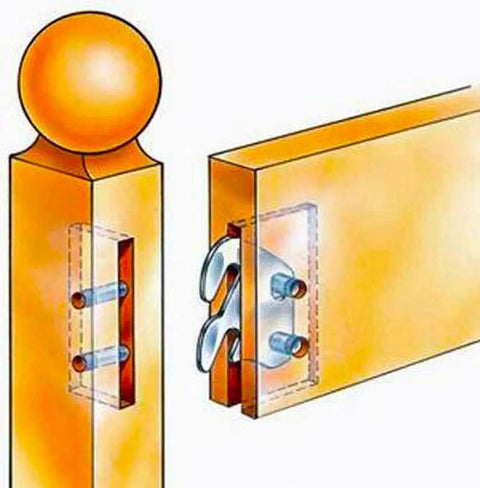 Heavy Duty Size Ten Bed Rail Hook Plates Hella Tough 13 Gauge Steel Connectors attached to wooden bed frame for stability.