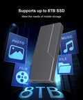 Built Tough 40Gbps M.2 NVMe SSD Enclosure With Sleek Aluminum Build And Internal Turbo Cooling Fan Holds Up To 8TB Drives shown with icons for photo, music, film, and file.