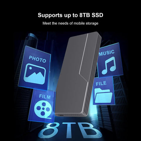 Built Tough 40Gbps M.2 NVMe SSD Enclosure With Sleek Aluminum Build And Internal Turbo Cooling Fan Holds Up To 8TB Drives shown with icons for photo, music, film, and file.