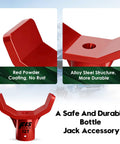 Red powder-coated steel bottle jack adapter with U-shaped jaws and mounting hole; fits 3-4 in axle tubes, 12-ton.