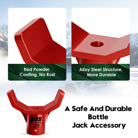 Red powder-coated steel bottle jack adapter with U-shaped jaws and mounting hole; fits 3-4 in axle tubes, 12-ton.