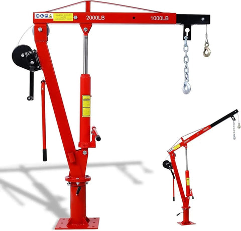 Built Tough Heavy Duty Folding Engine Hoist And Pickup Bed Tailgate Crane With Slick Hydraulic Winch Telescoping Boom showcasing red frame.