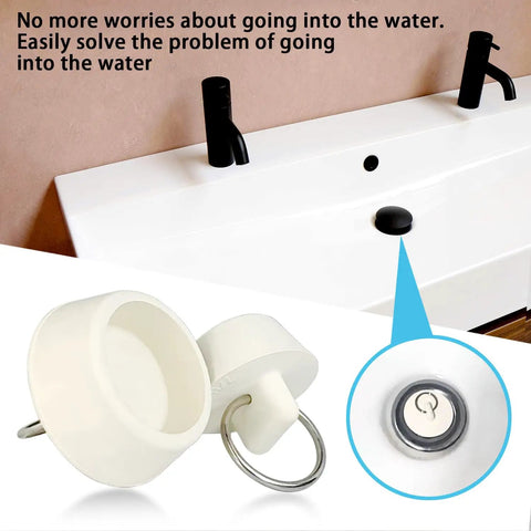 Six Slick Rubber Sink Drain Plug With Quick Pull Grip Ring showing round white rubber plug for kitchen and bathroom use.