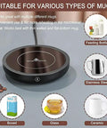 Electric Coffee Mug Warmer With Three Custom Heat Levels And Smart Auto Shut Off Keeps Your Morning Brew Straight Up Toast For Chill Work Days Or Lazy Weekend Routines On Your Workspace Desk In Crisp White Finish, showcasing its compatibility with various mug types.