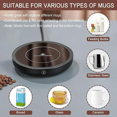 Electric Coffee Mug Warmer With Three Custom Heat Levels And Smart Auto Shut Off Keeps Your Morning Brew Straight Up Toast For Chill Work Days Or Lazy Weekend Routines On Your Workspace Desk In Crisp White Finish, showcasing its compatibility with various mug types.
